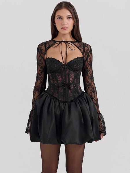 Vestido Mini Negro de Encaje con Mangas Transparentes