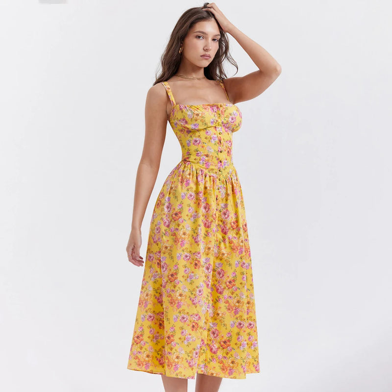 Vestido Midi Amarillo con Estampado Floral