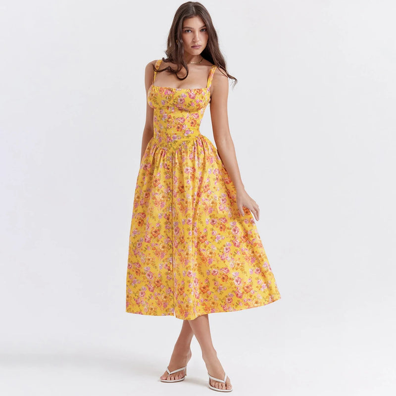 Vestido Midi Amarillo con Estampado Floral