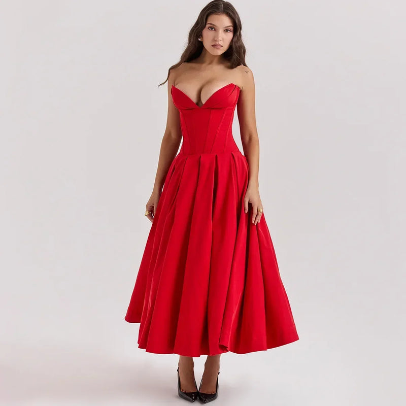 Vestido Midi Rojo Sin Tirantes con Corte Acampanado
